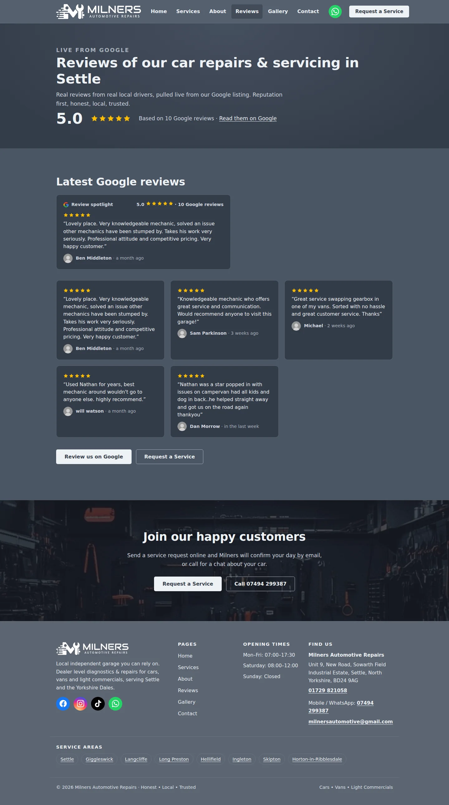 Milners reviews page, built to pull the garage's real Google reviews automatically, captured here in its pre-launch state before the live feed was switched on.