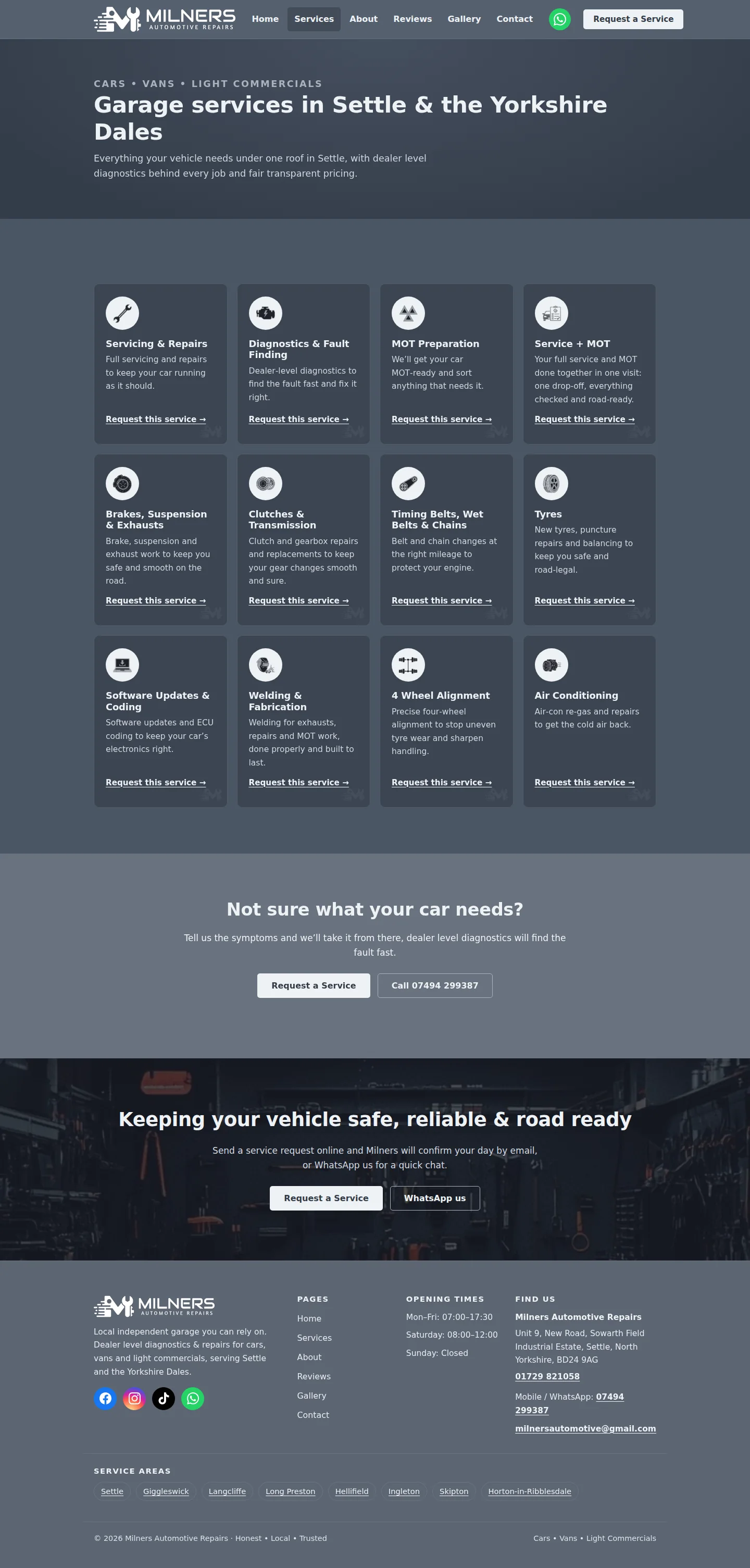 Milners services page listing servicing, diagnostics, MOT preparation, brakes, tyres and exhausts, every service card links to the booking form.